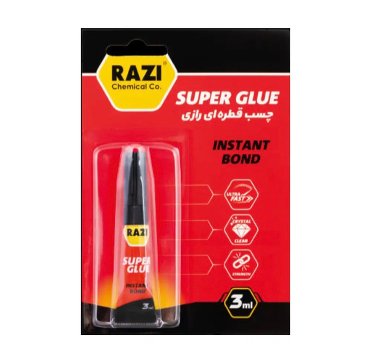 چسب قطره ای صنعتی رازی مدل CA حجم 3 میلی لیتر بسته 4 عددی با چسبندگی قوی و سریع شفاف و مناسب سطوح پلاستیک چرم پارچه چوب شیشه فلز و کاغذ