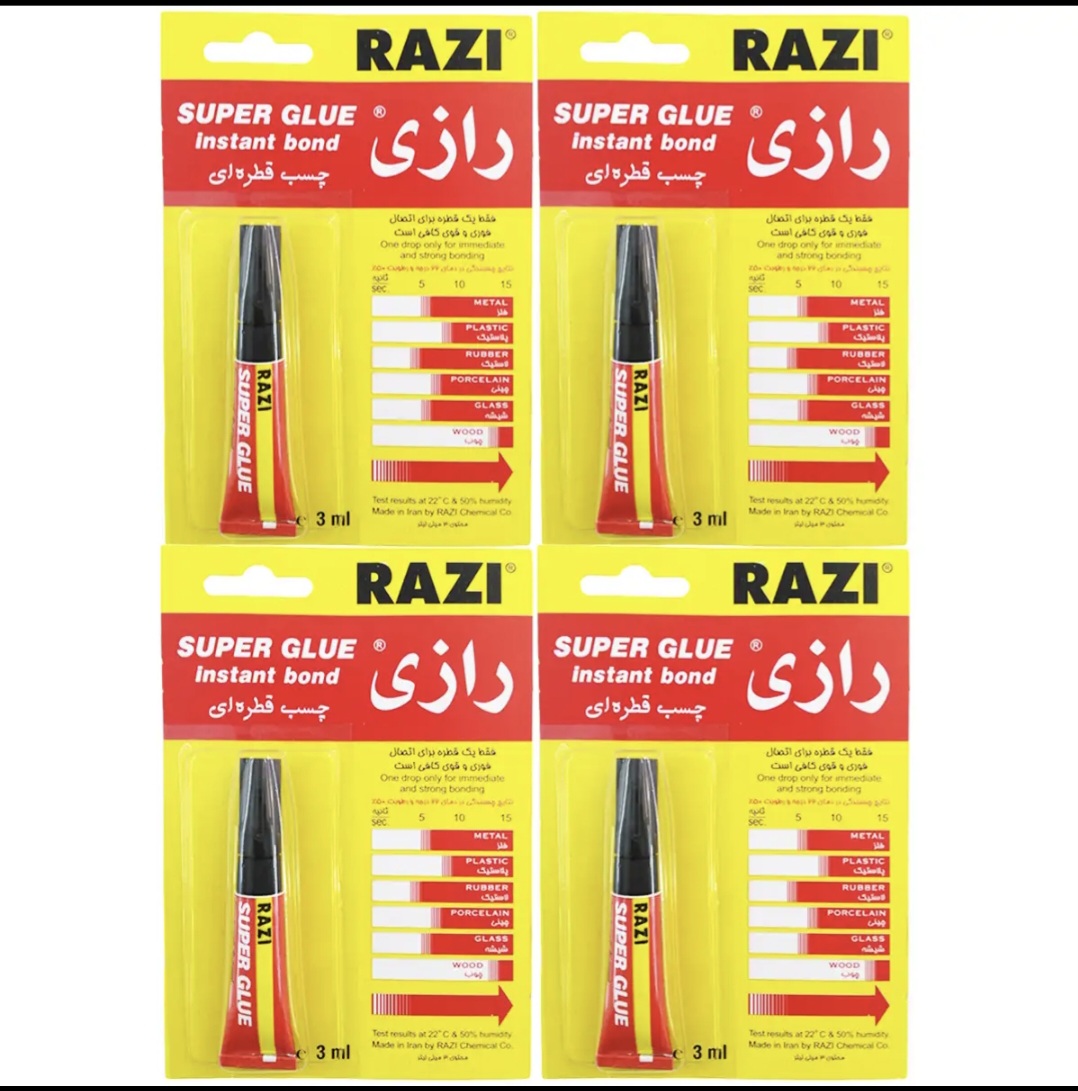 چسب قطره ای رازی مدل Super Glue حجم 3 میلی لیتر بسته 4 عددی با قدرت چسبندگی بالا خشک شدن سریع و ساختار شفاف برای استفاده روی چوب فلز پلاستیک شیشه کاشی سرامیک و چینی