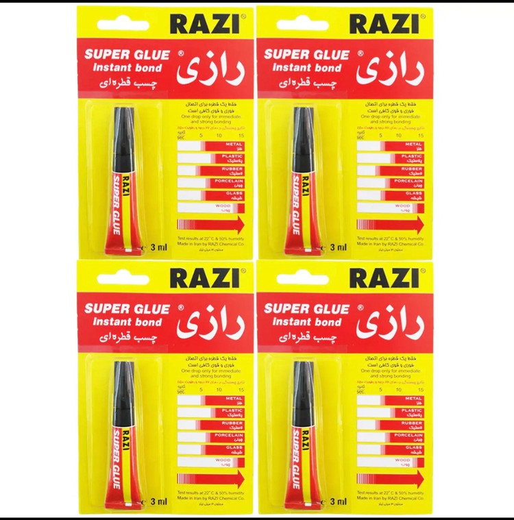 چسب قطره ای رازی مدل Super Glue حجم 3 میلی لیتر بسته 4 عددی با قدرت چسبندگی بالا خشک شدن سریع و ساختار شفاف برای استفاده روی چوب فلز پلاستیک شیشه کاشی سرامیک و چینی