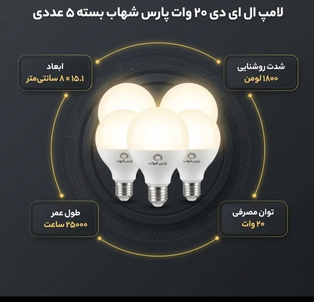 لامپ ال ای دی 20 وات پارس شهاب مدل 32975 پایه 27 بسته 5 عددی
