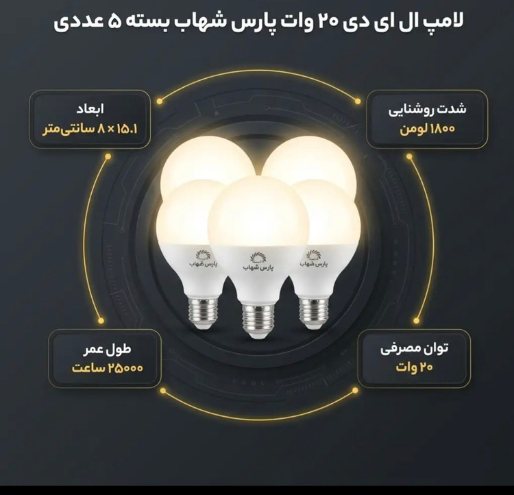 لامپ ال ای دی 20 وات پارس شهاب مدل 32975 پایه 27 بسته 5 عددی