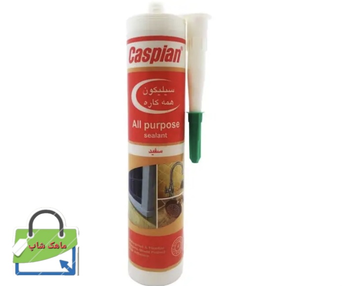 چسب سیلیکون کاسپین مدل سفید حجم 300 میلی لیتر در زگیر مقاوم در برابر آب و اشعه فرابنفش مناسب برای شیشه کاشی فلز چوب و پلاستیک ضد قارچ و پایدار در دمای منفی 20 تا مثبت 120 درجه سانتی گراد