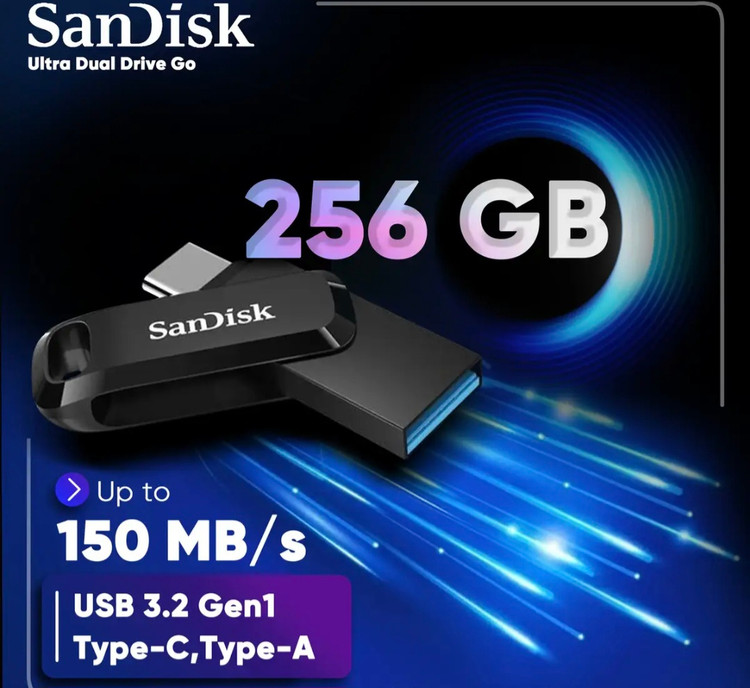 فلش مموری سن دیسک Ultra Dual Drive Go ظرفيت 256 گیگابایت با دو رابط - USB Type و USB Type-A، طراحی چرخشی سرعت خواندن 150 مگابایت بر ثانیه سازگار با کامپیوتر لپ تاپ تبلت و گوشی موبایل