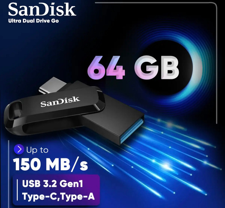 فلش مموری سن دیسک 64 گیگابایت مدل Ultra Dual Drive Go با دو رابط USB Type-C و USB Type-A استاندارد USB 3.2 Gen1، طراحی چرخشی سازگار با اندروید iOS ویندوز و مک مناسب گوشی تبلت کامپیوتر و تلویزیون