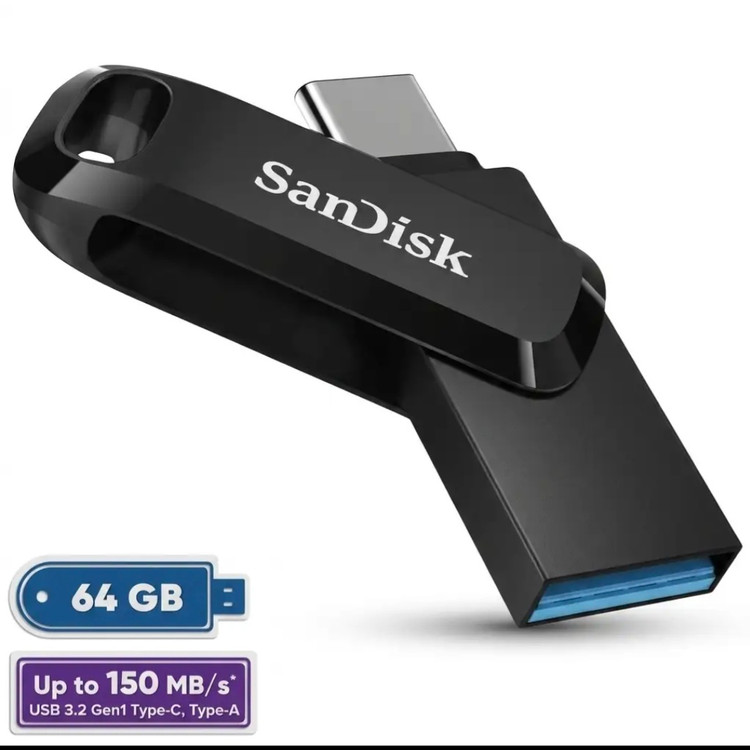 فلش مموری سن دیسک 64 گیگابایت مدل Ultra Dual Drive Go با دو رابط USB Type-C و USB Type-A استاندارد USB 3.2 Gen1، طراحی چرخشی سازگار با اندروید iOS ویندوز و مک مناسب گوشی تبلت کامپیوتر و تلویزیون