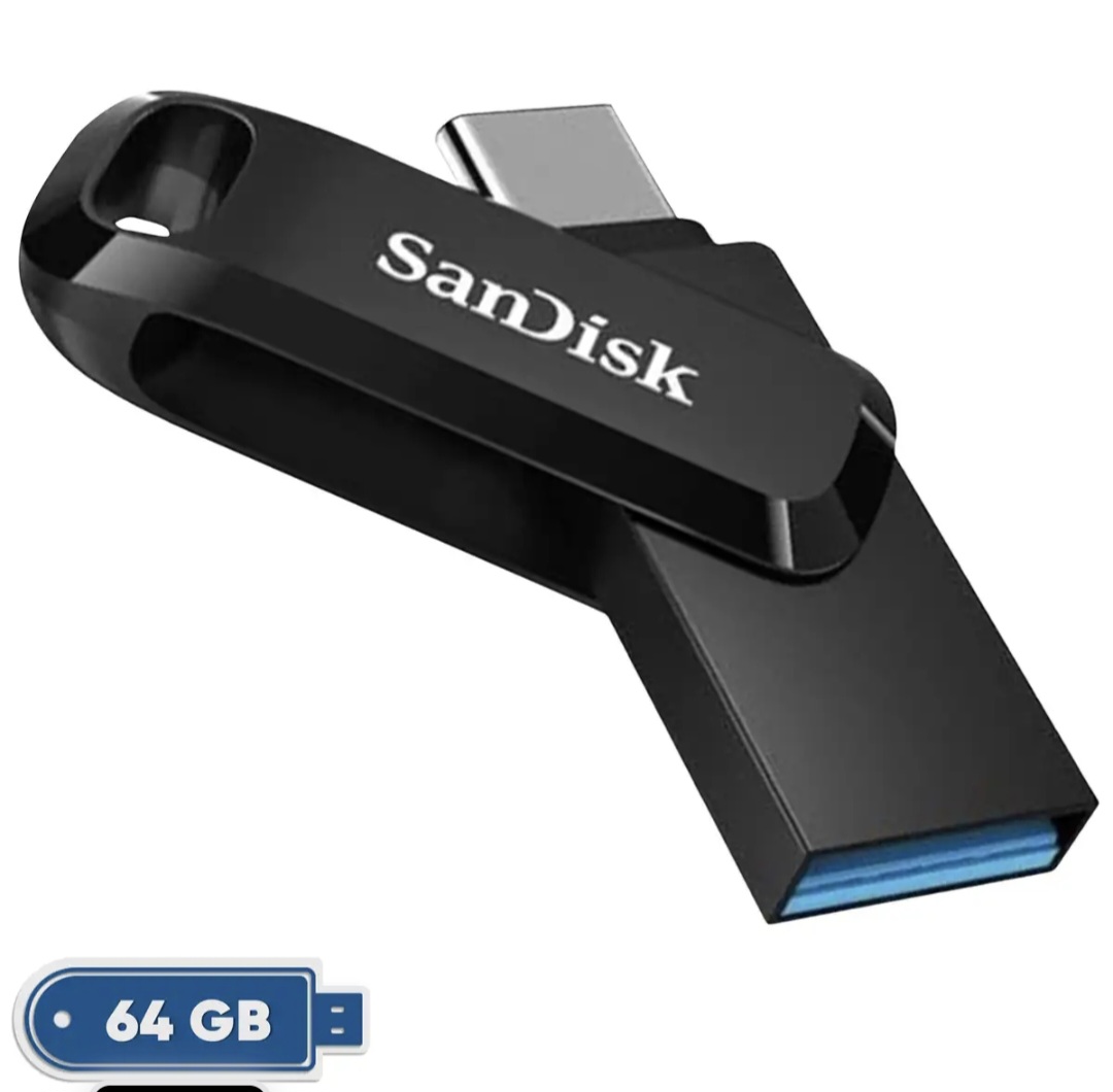 فلش مموری سن دیسک 64 گیگابایت مدل Ultra Dual Drive Go با دو رابط USB Type-C و USB Type-A استاندارد USB 3.2 Gen1، طراحی چرخشی سازگار با اندروید iOS ویندوز و مک مناسب گوشی تبلت کامپیوتر و تلویزیون