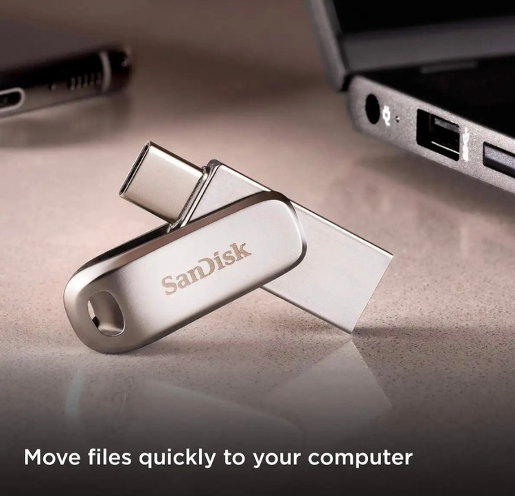 فلش مموری سن دیسک Ultra Dual Drive Luxe ظرفیت 1 ترابایت با دو رابط USB Type-C و USB Type-A طراحی تاشو فلزی سازگار با ویندوز مک اندروید و iOS استاندارد USB 3.2 Gen