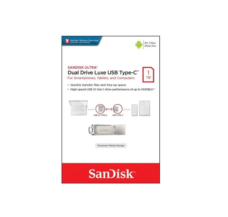 فلش مموری سن دیسک Ultra Dual Drive Luxe ظرفیت 1 ترابایت با دو رابط USB Type-C و USB Type-A طراحی تاشو فلزی سازگار با ویندوز مک اندروید و iOS استاندارد USB 3.2 Gen