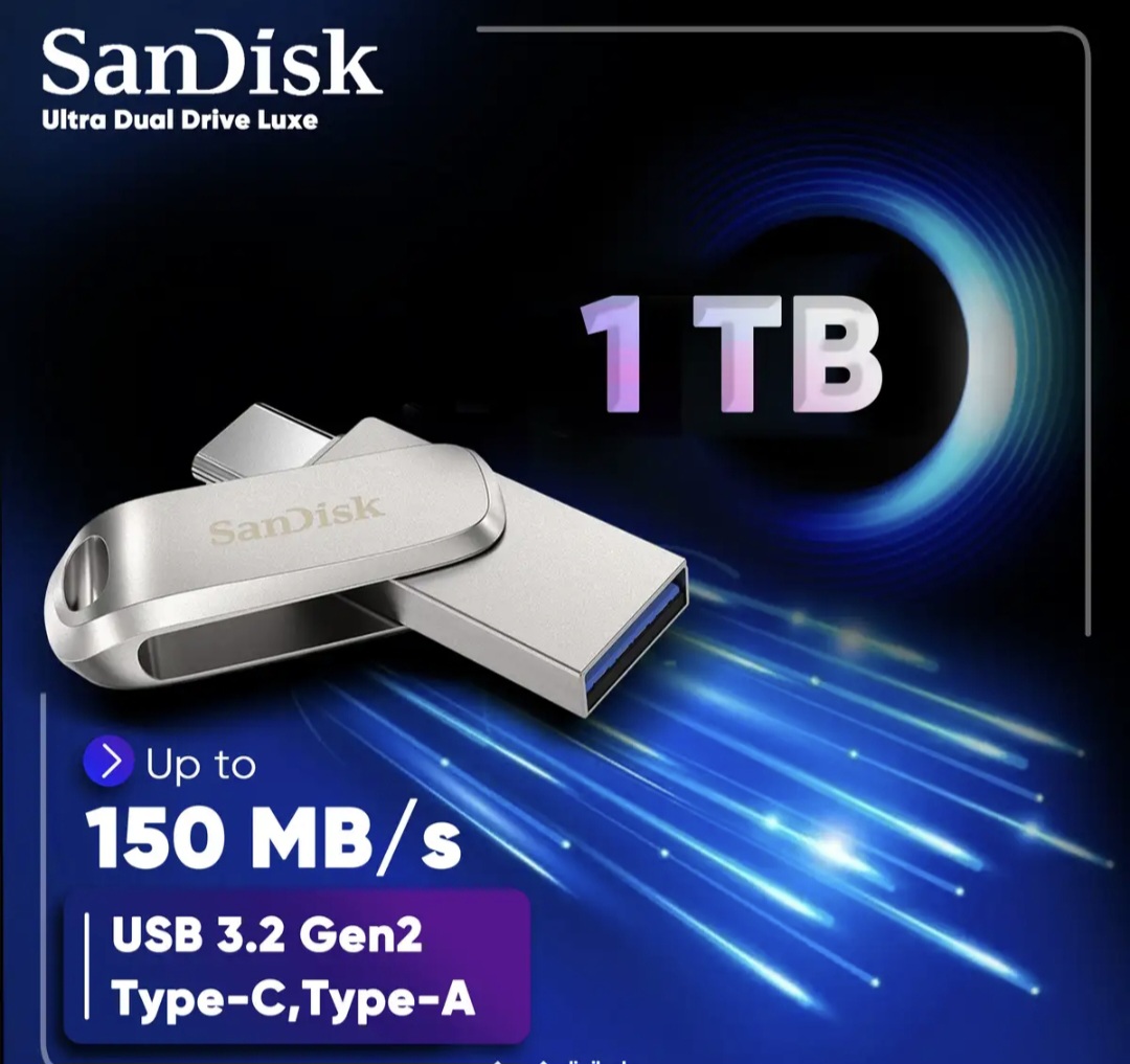 فلش مموری سن دیسک Ultra Dual Drive Luxe ظرفیت 1 ترابایت با دو رابط USB Type-C و USB Type-A طراحی تاشو فلزی سازگار با ویندوز مک اندروید و iOS استاندارد  USB 3.2 Gen