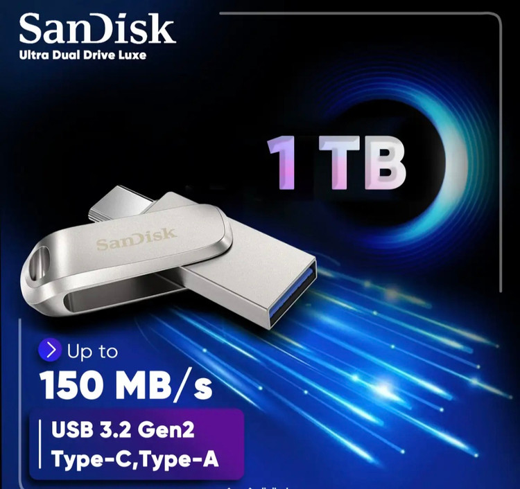 فلش مموری سن دیسک Ultra Dual Drive Luxe ظرفیت 1 ترابایت با دو رابط USB Type-C و USB Type-A طراحی تاشو فلزی سازگار با ویندوز مک اندروید و iOS استاندارد USB 3.2 Gen
