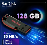 فلش مموری سن دیسک مدل Cruzer Blade Cz50 ظرفیت 128 گیگابایت با رابط 2.0 USB بدنه مات مقاوم در برابر لک و اثر انگشت سرعت انتقال 30 مگابایت بر ثانیه قابلیت رمزگذاری اطلاعات و طراحی بدون درپوش با شیار اتصال بند