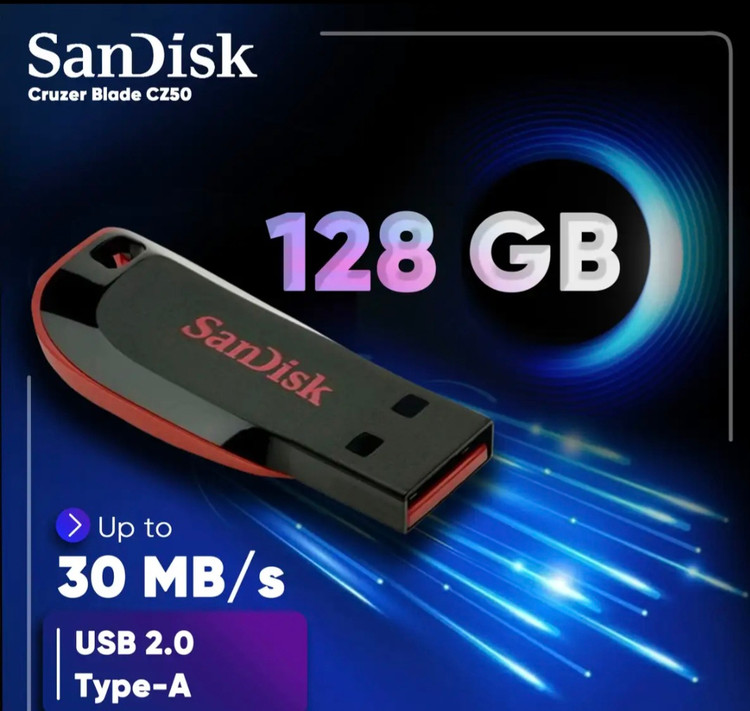 فلش مموری سن دیسک مدل Cruzer Blade Cz50 ظرفیت 128 گیگابایت با رابط 2.0 USB بدنه مات مقاوم در برابر لک و اثر انگشت سرعت انتقال 30 مگابایت بر ثانیه قابلیت رمزگذاری اطلاعات و طراحی بدون درپوش با شیار اتصال بند
