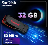 فلش مموری سن دیسکcz50Cruzer Blade ظرفیت 32 گیگابایت با رابط 2.0 USB، سرعت انتقال 30 مگابایت بر ثانیه طراحی بدون دریوش و بدنه مات مقاوم در برابر لک اثر انگشت دارای شیار اتصال بند و نرم افزار امنیتی و