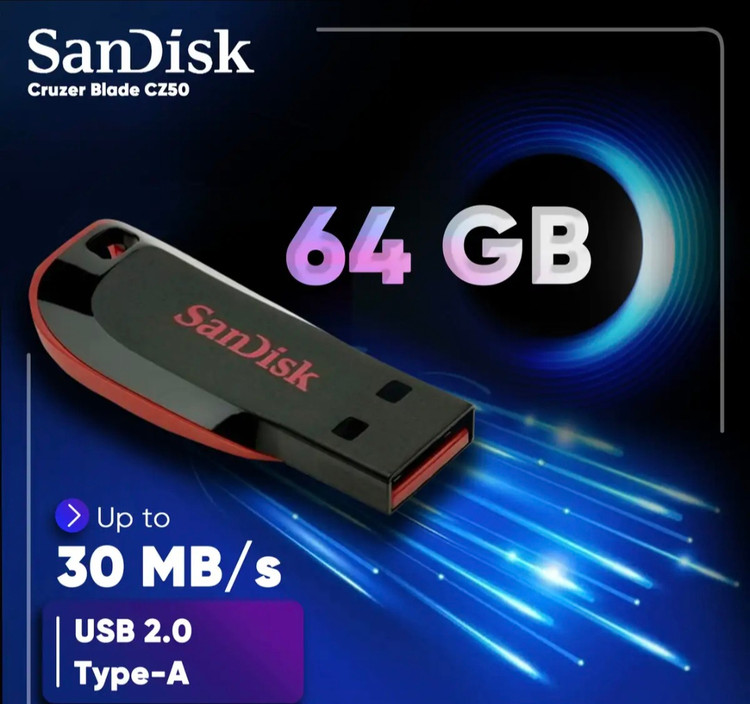 فلش مموری 64 گیگابایت سن دیسک مدل Cruzer Blade CZ50 با رابط 2.0 SB بدنه مات مقاوم در برابر اثر انگشت قابلیت رمزگذاری نرم افزاری و شیار اتصال بند