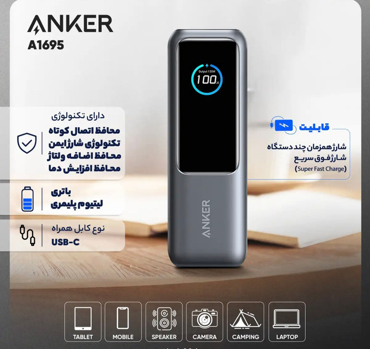 پاوربانک 100 وات انكر مدل 1695 ظرفیت 25000 میلی آمپر ساعت به همراه دو کابل USB