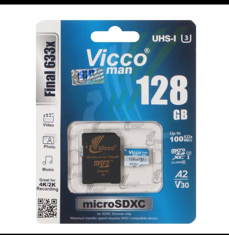 کارت حافظه (microSDXC ويكومن مدل 33 Final ظرفیت 128 گیگابایت استاندارد سرعت UHS-I U3، سرعت خواندن 90 مگابایت بر ثانیه مقاوم در برابر پرتو X