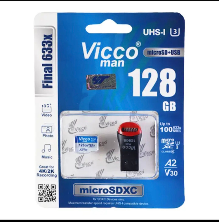 کارت حافظه microSD ويكومن مدل 33 Final ظرفیت 128 گیگابایت استاندارد سرعت UHS-I U3، سرعت خواندن 100 مگابایت بر ثانیه