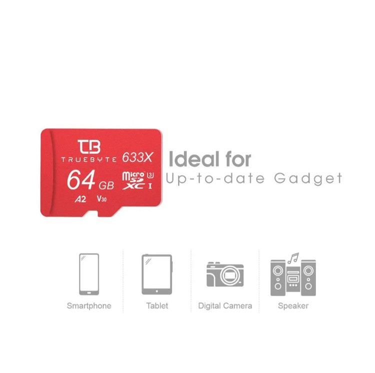کارت حافظه microSD تروبایت مدل 30-2-633، ظرفیت 64 گیگابایت استاندارد سرعت 13-UHS، سرعت خواندن 95 مگابایت بر ثانیه مقاوم در برابر شوک
