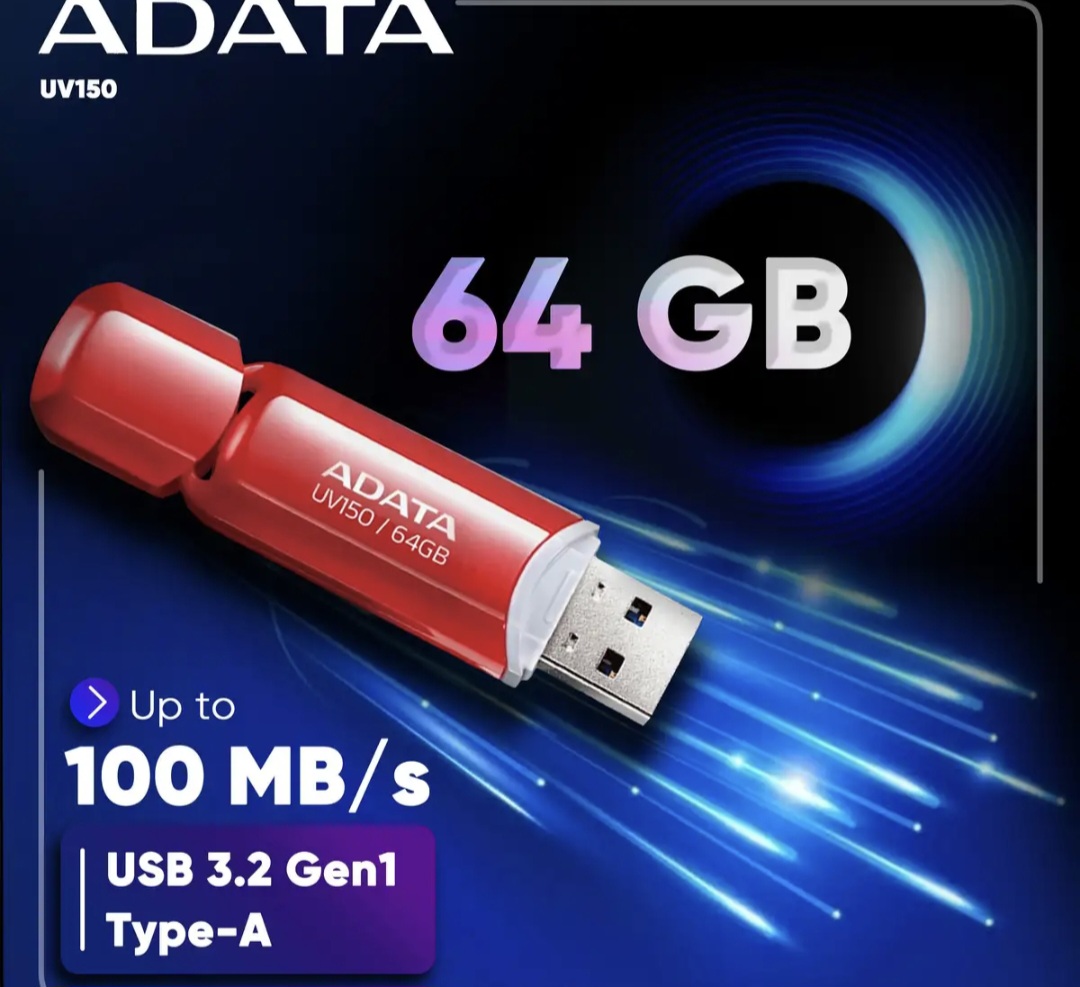 فلش مموری ای دیتا مدل UV150 ظرفیت 64 گیگابایت رابط gen 1 1 3.2 USB، سرعت خواندن 90 مگابایت بر ثانیه طراحی درپوش دار سازگار با گوشی تبلت کامپیوتر و تلویزیون