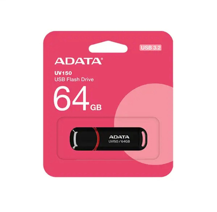 فلش مموری ای دیتا مدل UV150 ظرفیت 64 گیگابایت رابط gen 1 1 3.2 USB، سرعت خواندن 90 مگابایت بر ثانیه طراحی درپوش دار سازگار با گوشی تبلت کامپیوتر و تلویزیون