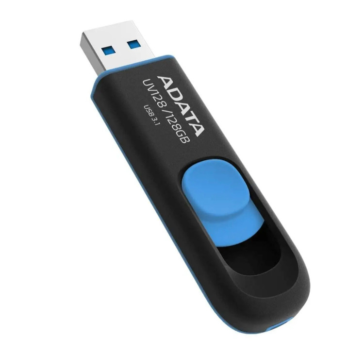 فلش مموری کشویی ای دیتا مدل 128 DashDrive ظرفیت 128GB، رابط 3.0 USB با سرعت خواندن 90 و نوشتن 40 مگابایت بر ثانیه طراحی بدون درپوش و بدنه مات ضد خش و گردوغبار